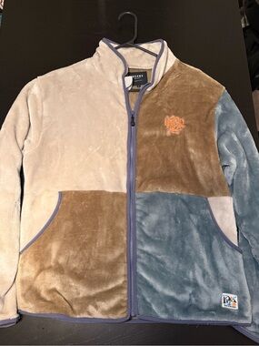 BEAMS - Colorblock Plush Teddy Jacket in Cream, Brown & Blue
